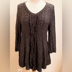 Gap Grey Knit Ruffled Trim Relaxed Fit Button Down Long Sleeve Sweater Size L